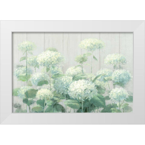 White Hydrangea Garden Sage on Wood Crop White Modern Wood Framed Art Print by Nai, Danhui