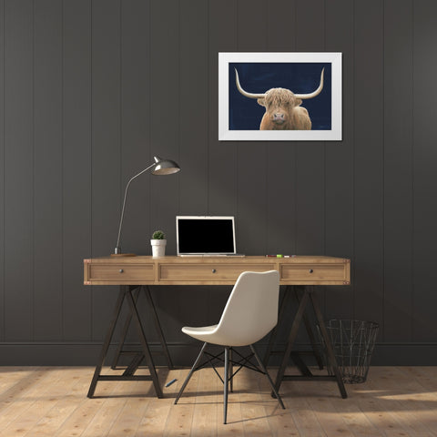Highland Cow Navy White Modern Wood Framed Art Print by Wiens, James