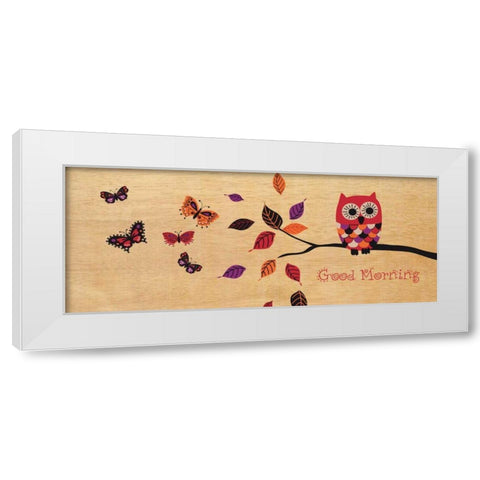 Good Morning Owl White Modern Wood Framed Art Print by Wild Apple Portfolio