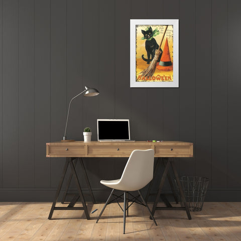 Halloween Nostalgia Cat with Broom White Modern Wood Framed Art Print by Pertiet, Katie