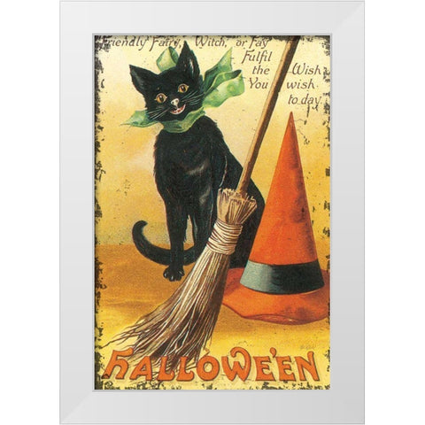 Halloween Nostalgia Cat with Broom White Modern Wood Framed Art Print by Pertiet, Katie