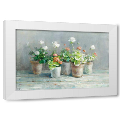 Farmhouse Geraniums White Modern Wood Framed Art Print by Nai, Danhui