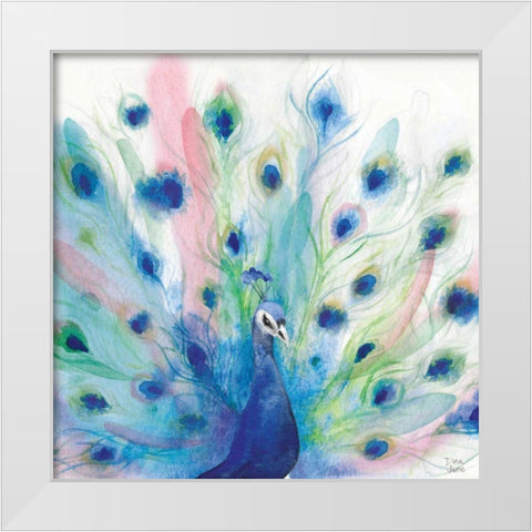 Peacock Glory IV White Modern Wood Framed Art Print by June, Dina