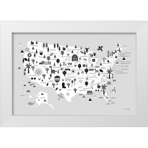 Fun USA Map BW White Modern Wood Framed Art Print by Kelle, Ann