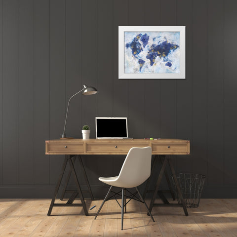 Indigo World Map White Modern Wood Framed Art Print by Nai, Danhui