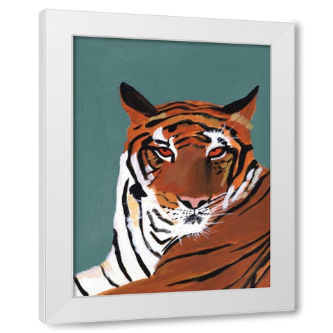 Colorful Tiger on Teal White Modern Wood Framed Art Print by Munger, Pamela