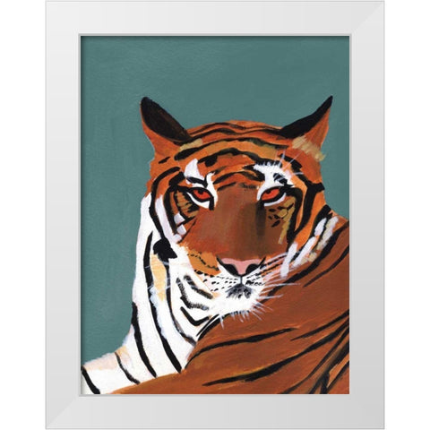 Colorful Tiger on Teal White Modern Wood Framed Art Print by Munger, Pamela