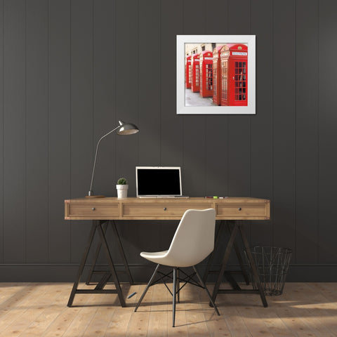 London Phoneboxes White Modern Wood Framed Art Print by Wild Apple Portfolio
