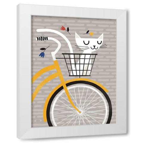 Cruising Cat Yellow White Modern Wood Framed Art Print by Mullan, Michael