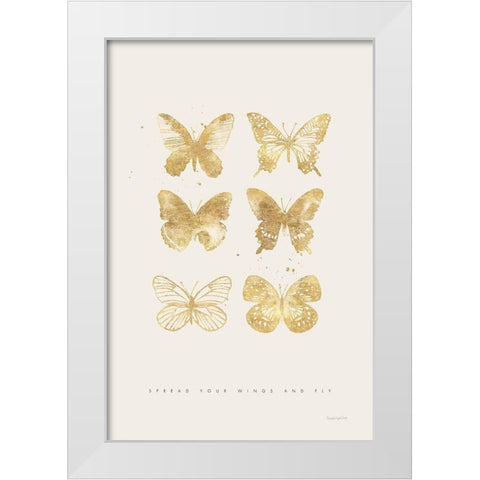 Six Gold Butterflies White Modern Wood Framed Art Print by Charro, Mercedes Lopez