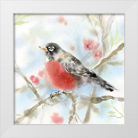 Spring Robin White Modern Wood Framed Art Print by Pete, Katrina