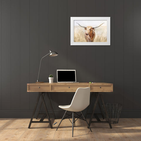 Big Sky Longhorn Neutral White Modern Wood Framed Art Print by Nai, Danhui