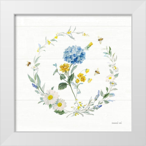 Bees and Blooms Flowers III with Wreath White Modern Wood Framed Art Print by Nai, Danhui