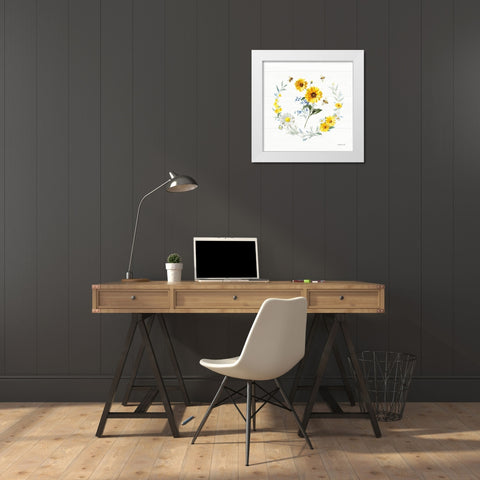 Bees and Blooms Flowers V with Wreath White Modern Wood Framed Art Print by Nai, Danhui