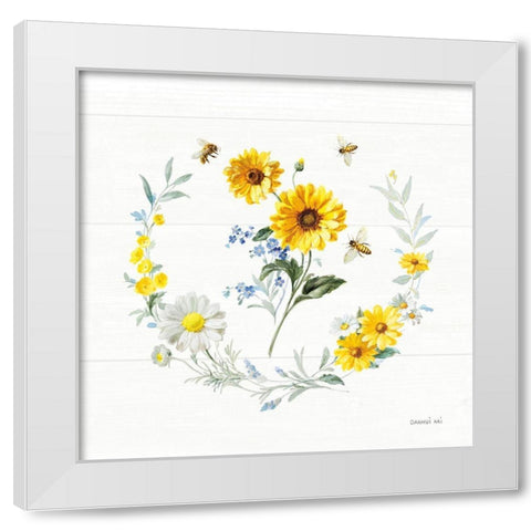 Bees and Blooms Flowers V with Wreath White Modern Wood Framed Art Print by Nai, Danhui