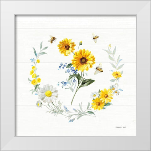 Bees and Blooms Flowers V with Wreath White Modern Wood Framed Art Print by Nai, Danhui