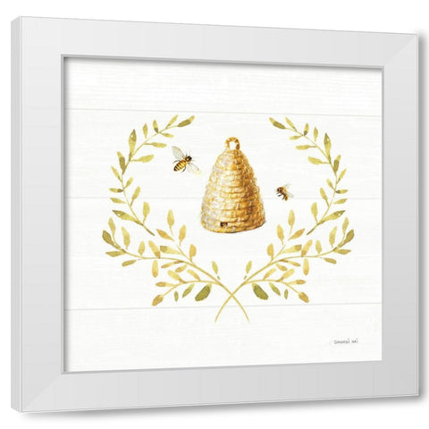 Bees and Blooms Skep Laurel White Modern Wood Framed Art Print by Nai, Danhui