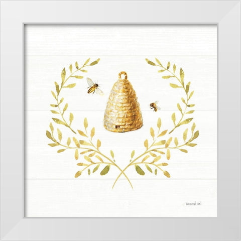 Bees and Blooms Skep Laurel White Modern Wood Framed Art Print by Nai, Danhui