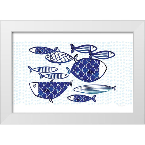 Blue Fish IV White Modern Wood Framed Art Print by Charro, Mercedes Lopez