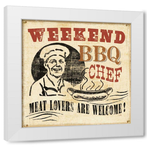 Weekend BBQ Chef White Modern Wood Framed Art Print by Pela Studio
