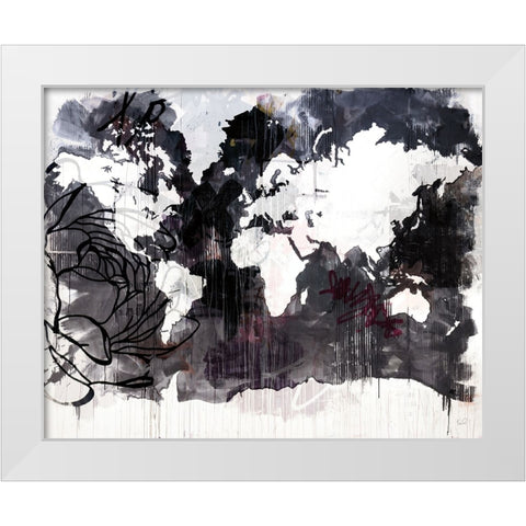 Floral Graffiti World Map White Modern Wood Framed Art Print by Youngstrom, Kent