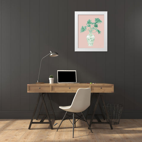 Palm Chinoiserie III Pink Green v2 White Modern Wood Framed Art Print by Nai, Danhui