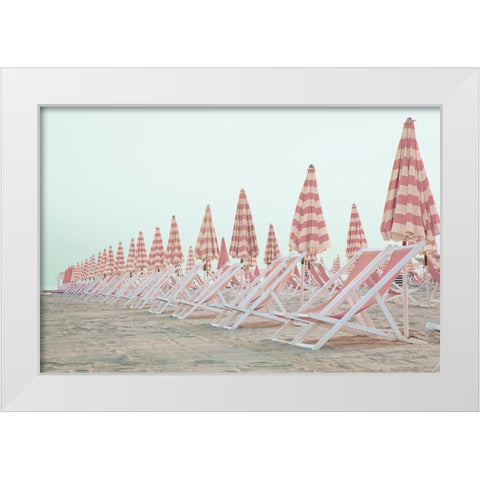 Pink Umbrellas White Modern Wood Framed Art Print by Aledanda