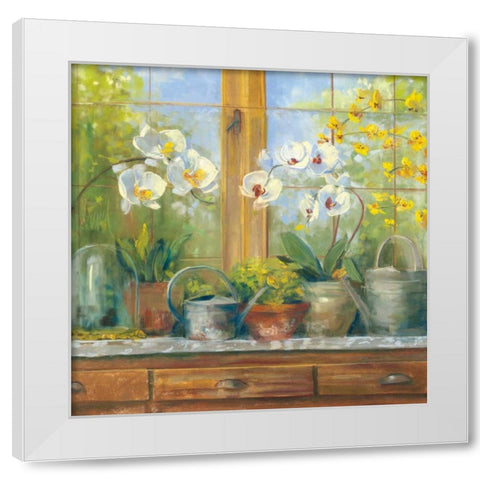 Gardeners Table Orchids White Modern Wood Framed Art Print by Rowan, Carol