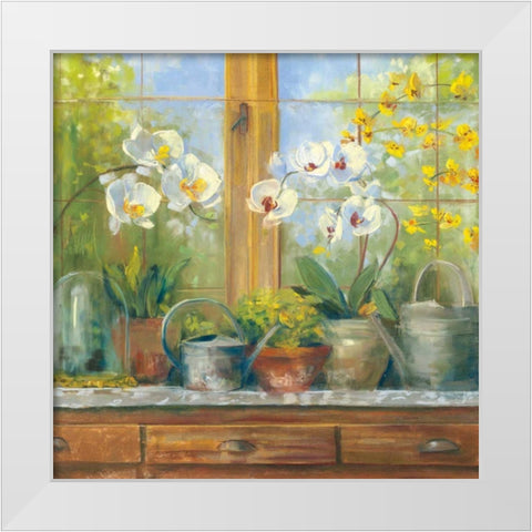 Gardeners Table Orchids White Modern Wood Framed Art Print by Rowan, Carol