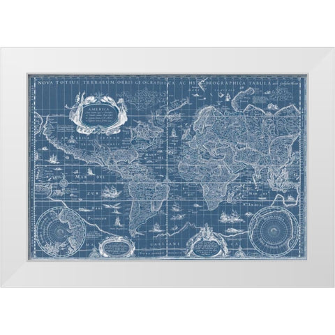 Blueprint World Map White Modern Wood Framed Art Print by Blaeu, Willem