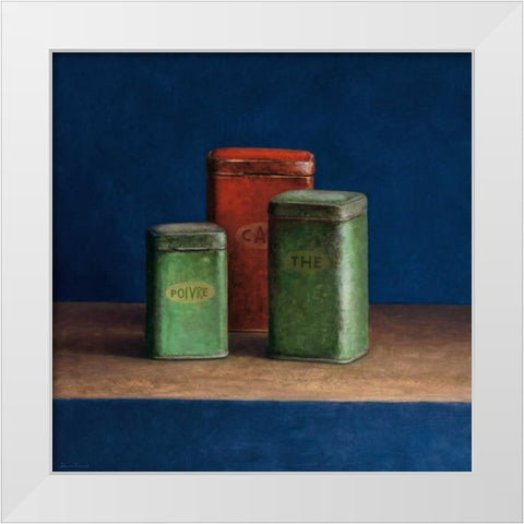 Tin boxes I White Modern Wood Framed Art Print by van Riswick, Jos
