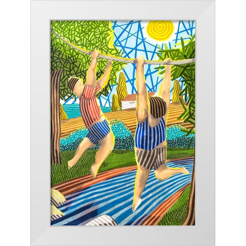 Dos Chicos jugando en el rio White Modern Wood Framed Art Print by Ortas, Javier
