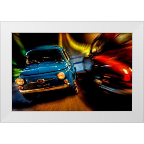 Cars in action - Fiat 500M White Modern Wood Framed Art Print by Debionne, Jean-Loup