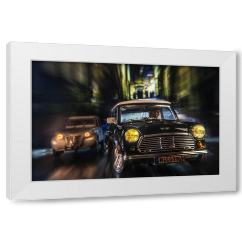 Cars in action - Austin Mini White Modern Wood Framed Art Print by Debionne, Jean-Loup