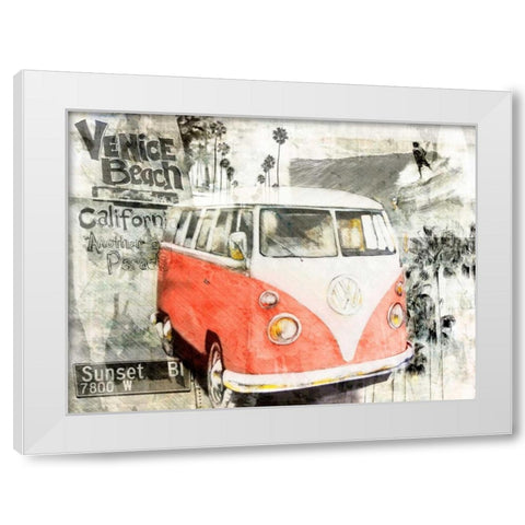 Beach Van - red White Modern Wood Framed Art Print by Sola, Bresso