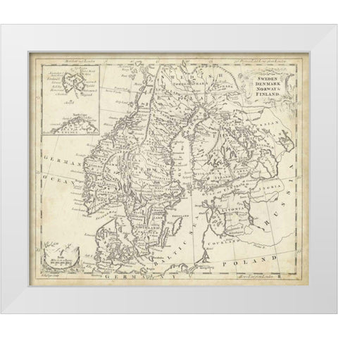 Map of Sweden and Denmark White Modern Wood Framed Art Print by Jeffreys, T.