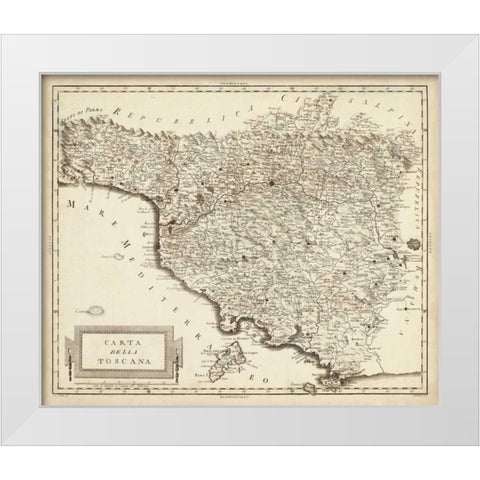 Antique Map of Tuscany  White Modern Wood Framed Art Print by Unknown