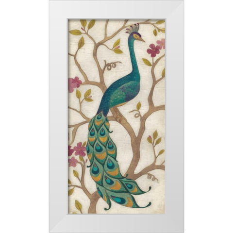 Peacock Fresco I White Modern Wood Framed Art Print by Vess, June Erica