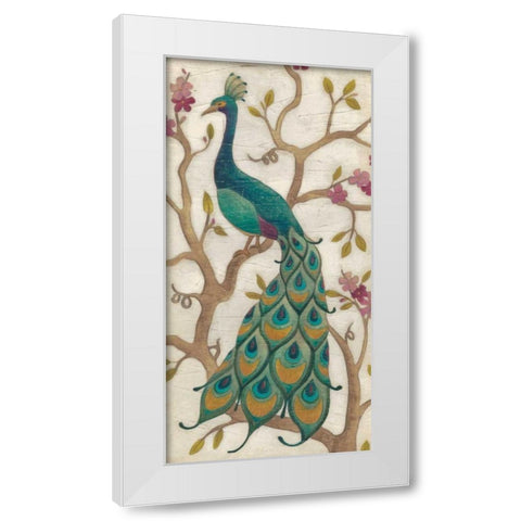 Peacock Fresco II White Modern Wood Framed Art Print by Vess, June Erica