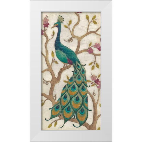 Peacock Fresco II White Modern Wood Framed Art Print by Vess, June Erica