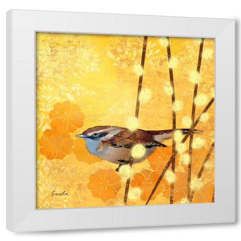 Wren on Yellow I White Modern Wood Framed Art Print by Evelia Designs