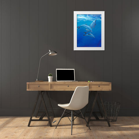 Under Sea Dolphins White Modern Wood Framed Art Print by OToole, Tim