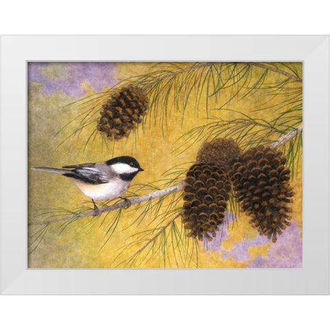 Chickadee in the Pines I White Modern Wood Framed Art Print by Matcham, Marcia