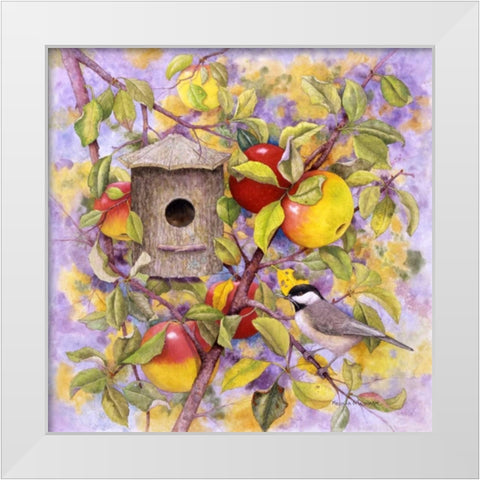 Chickadee and Apples White Modern Wood Framed Art Print by Matcham, Marcia