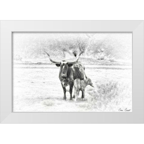 Longhorn and Baby White Modern Wood Framed Art Print by Drost, David