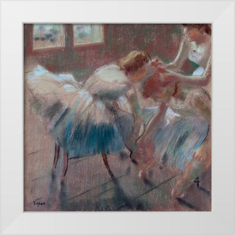 Three Dancers Preparing for Class White Modern Wood Framed Art Print by Degas, Edgar