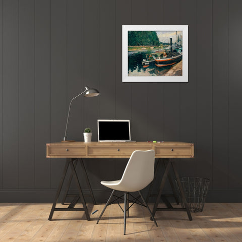 Barges at Pontoise White Modern Wood Framed Art Print by Pissarro, Camille