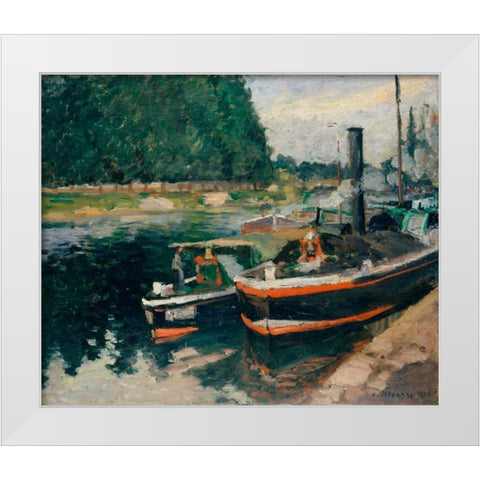 Barges at Pontoise White Modern Wood Framed Art Print by Pissarro, Camille