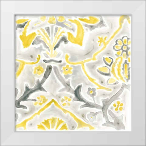 Citron Damask Tile II White Modern Wood Framed Art Print by Vess, June Erica