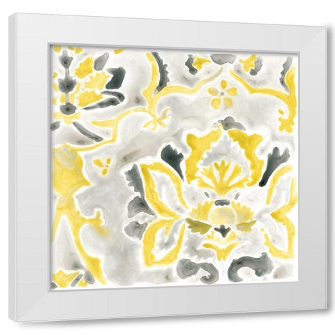 Citron Damask Tile III White Modern Wood Framed Art Print by Vess, June Erica